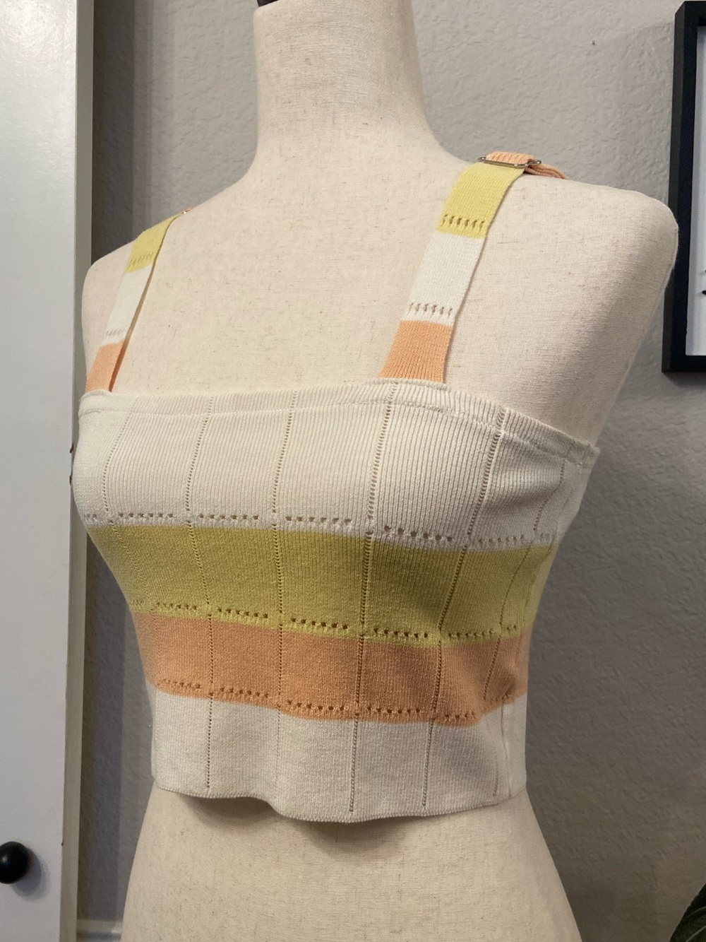 Lucca Couture Cream Knit Crop Top with Yellow-Green and Peach Stripes